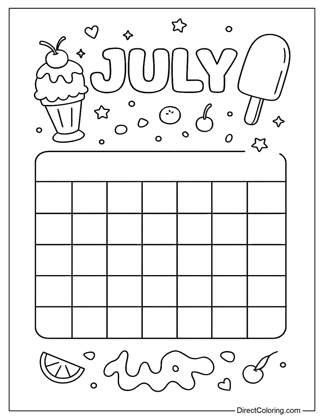 A July calendar coloring page for kids, surrounded by ice cream cups, popsicles, and cute toppings like cherries, small fruits, and melted ice cream.